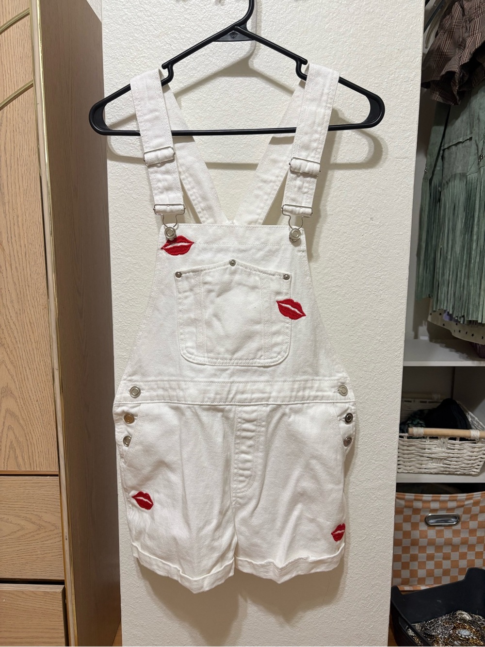 White Denim Kiss-Embroidered Short Overalls
